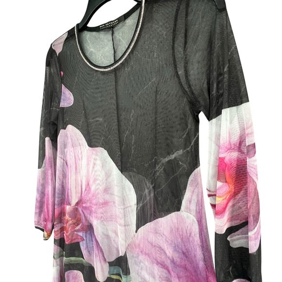 Beate Heymann Orchid Maxi Dress Womens 8 Black Purple Sheer Stretch Boho Chic - Picture 3 of 13